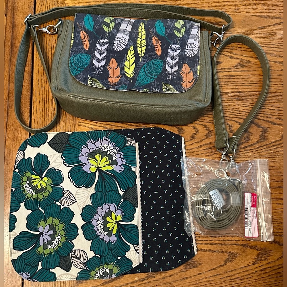 Thirty-One Olive Green Studio Bag with 3 Flaps and 3 Straps